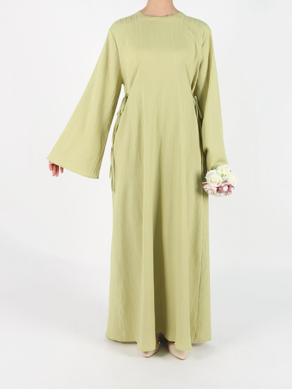 FUMIDAR Yasmin Side-Tie Abaya in Light Green — view 2