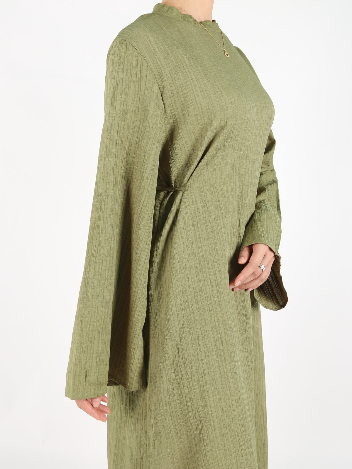 FUMIDAR Yasmin Side-Tie Abaya in Olive Green — view 6