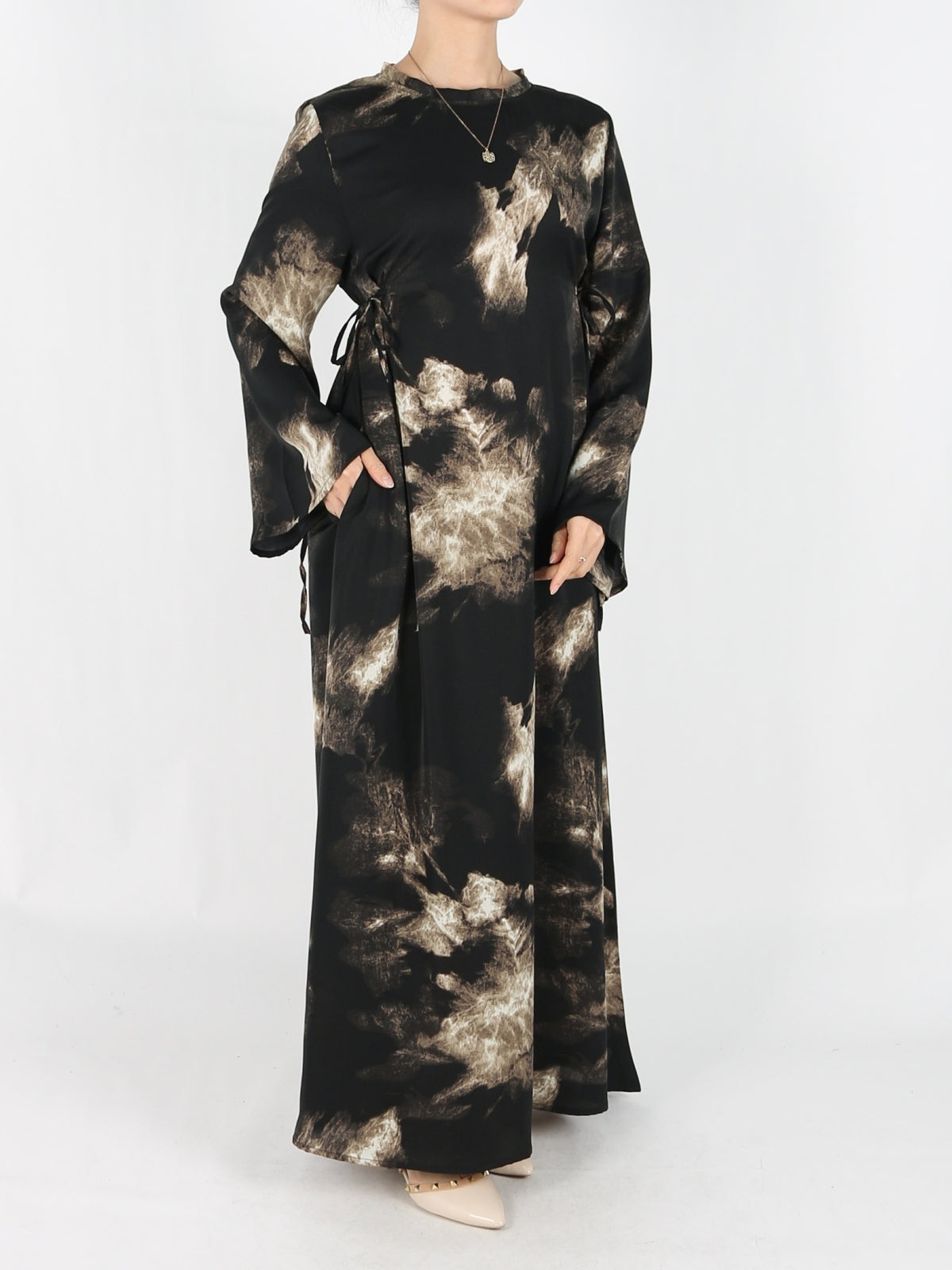 FUMIDAR Dalia Side-Tie Maxi Dress in Bronze Abstract — view 3