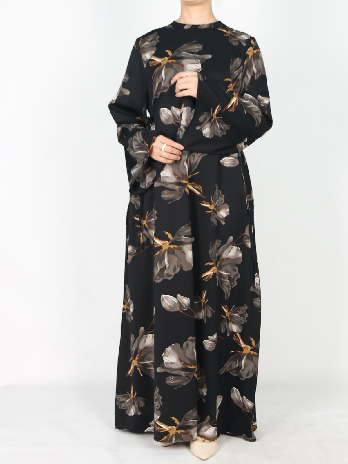 FUMIDAR Dalia Side-Tie Maxi Dress in Grey Floral — view 3