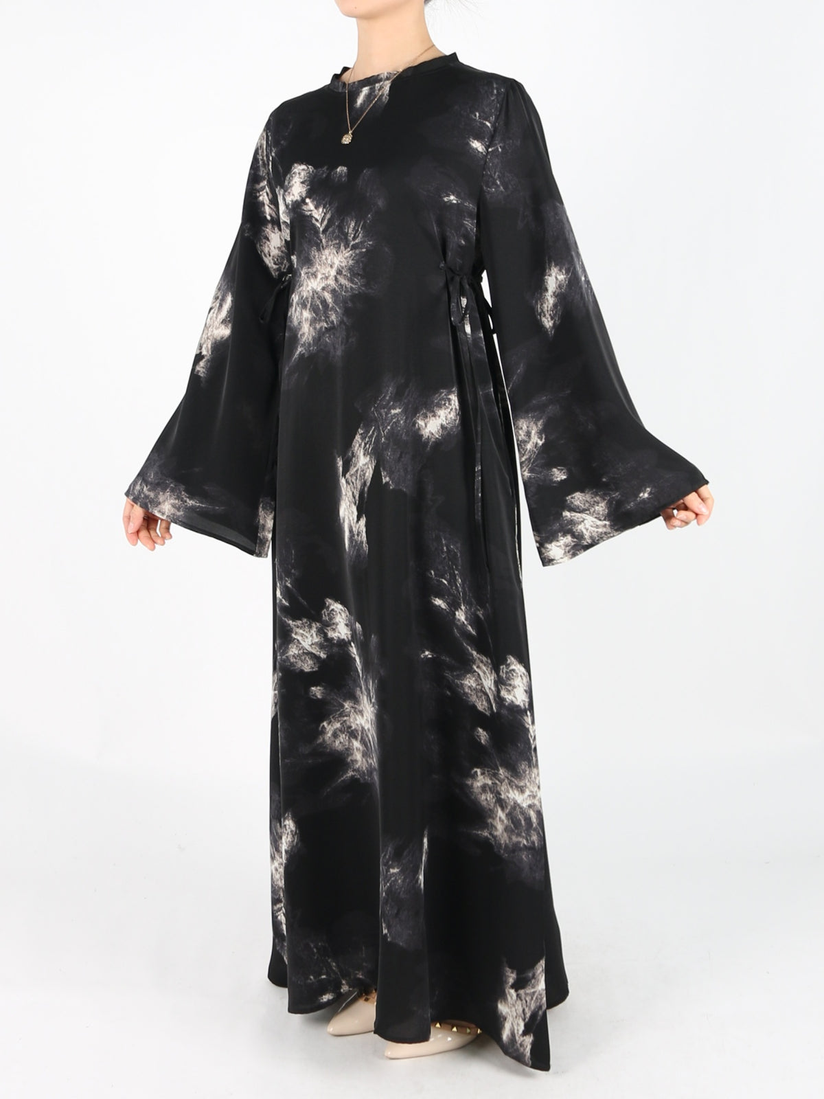FUMIDAR Dalia Side-Tie Maxi Dress in Monochrome Abstract — view 1
