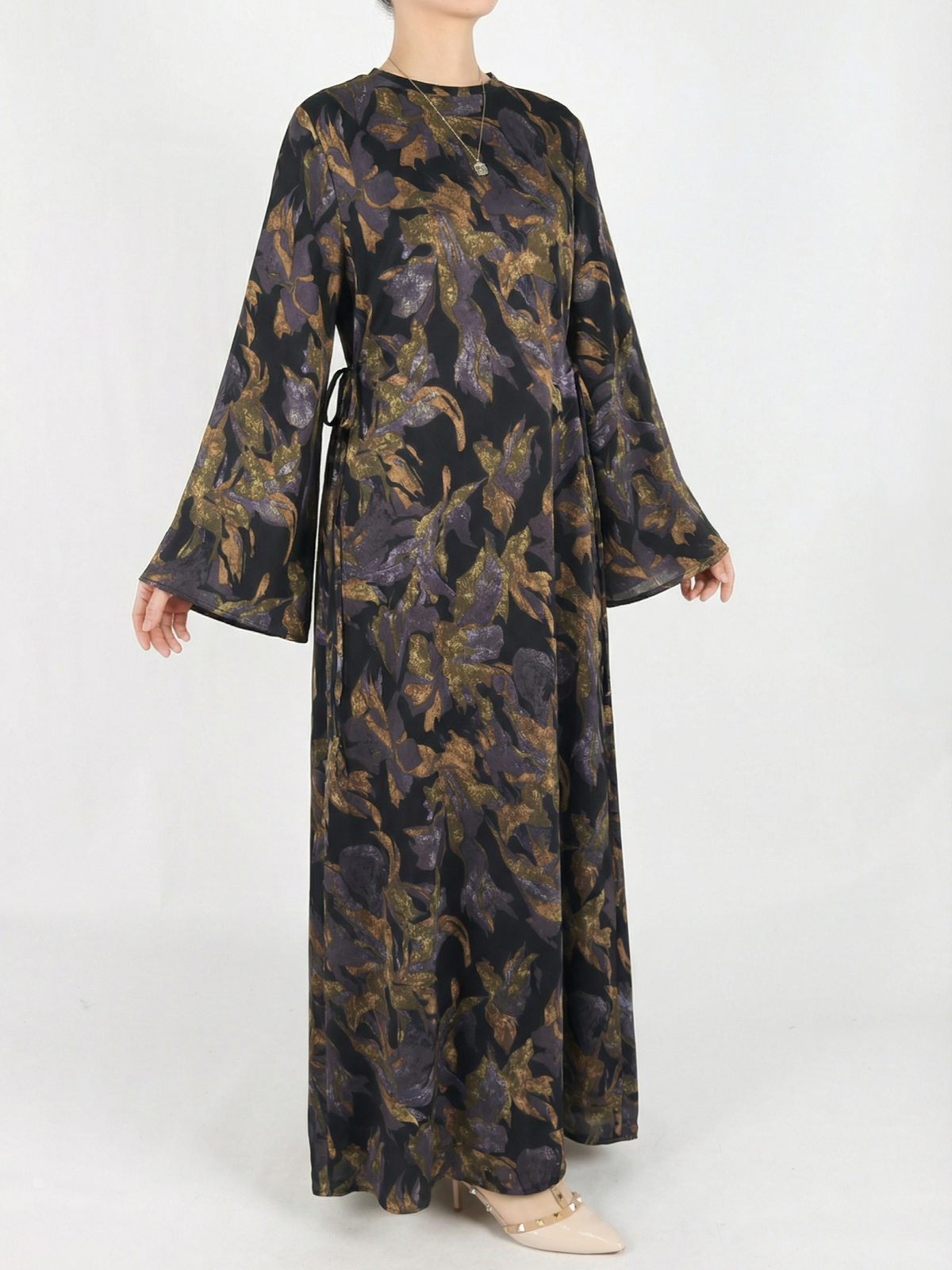 FUMIDAR Dalia Side-Tie Maxi Dress in Purple Botanical — view 1