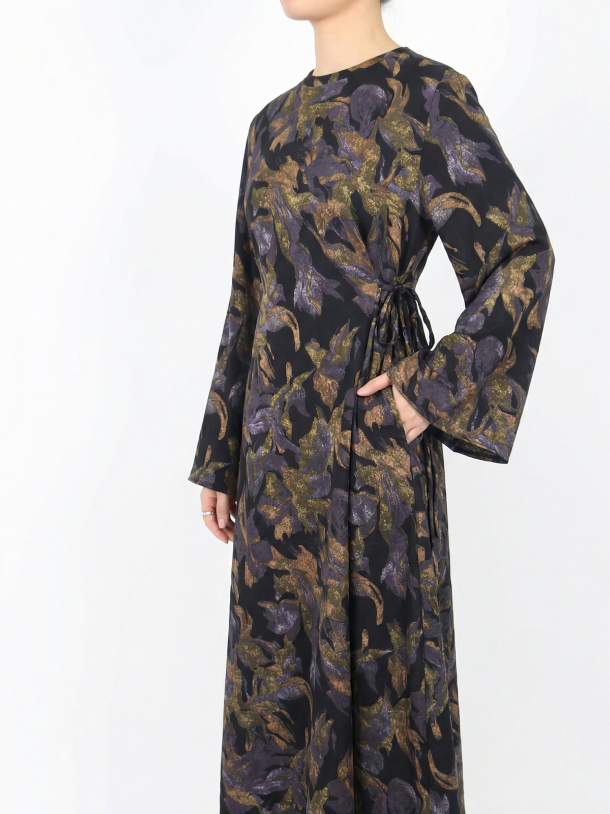 FUMIDAR Dalia Side-Tie Maxi Dress in Purple Botanical — view 3