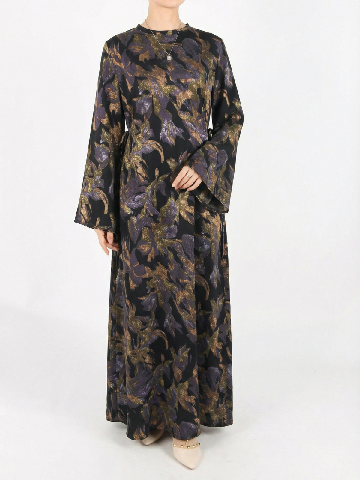 FUMIDAR Dalia Side-Tie Maxi Dress in Purple Botanical — view 4