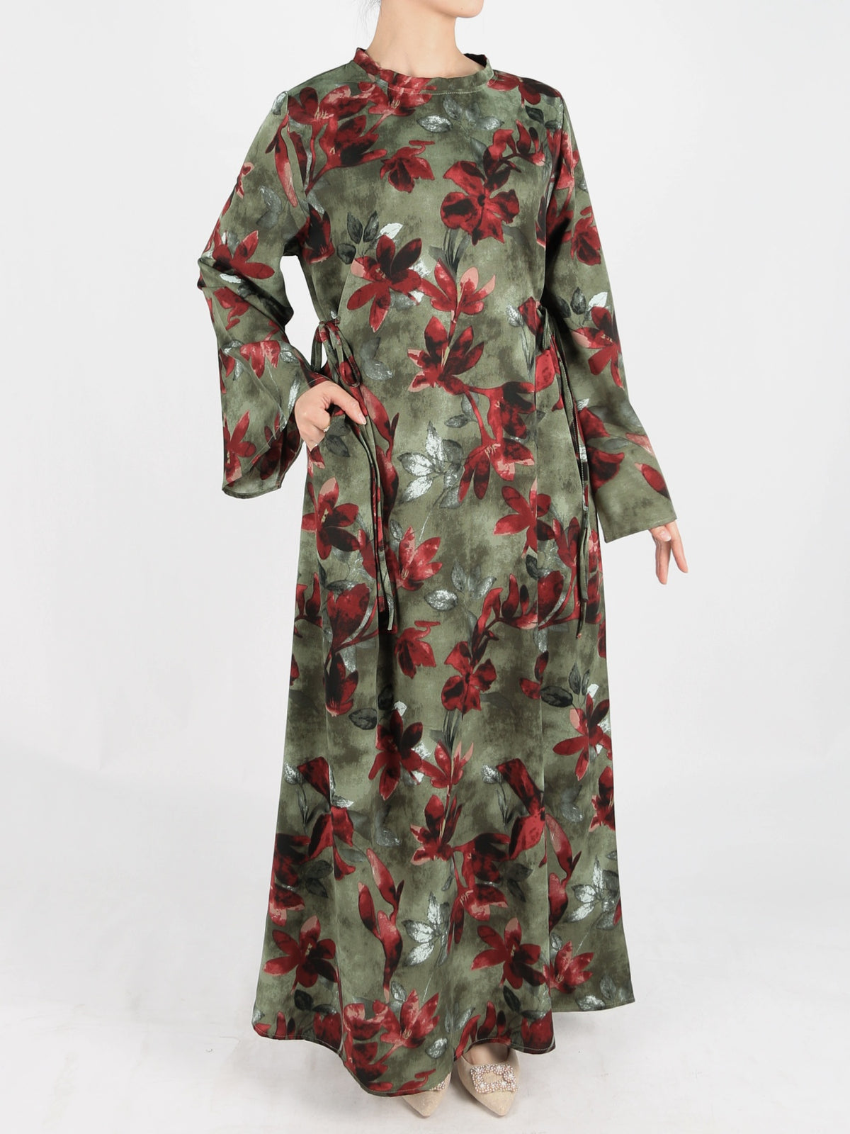FUMIDAR Dalia Side-Tie Maxi Dress in Red Floral — view 4