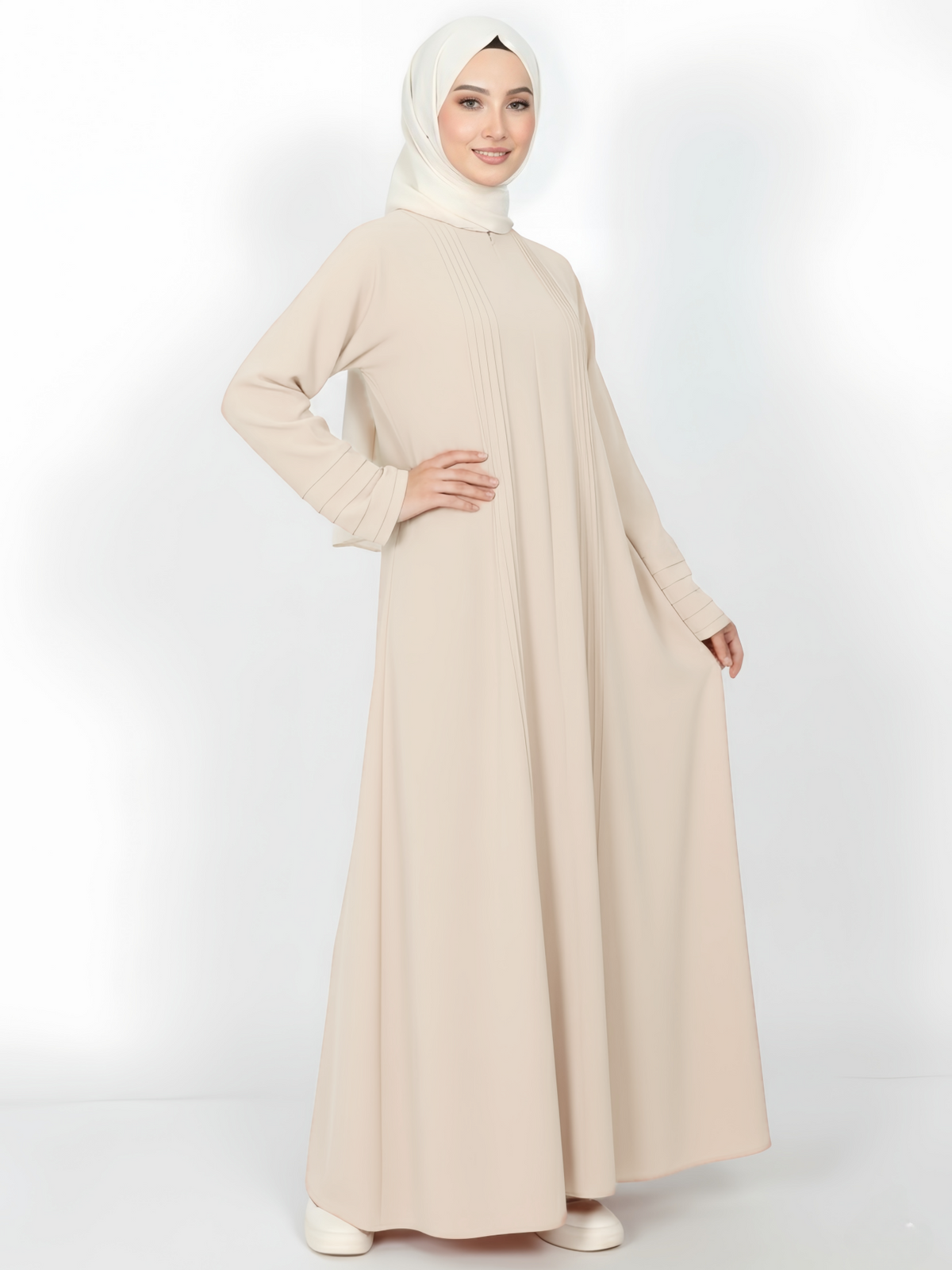 FUMIDAR Salma Pleated-Cuff Abaya in Apricot — view 1