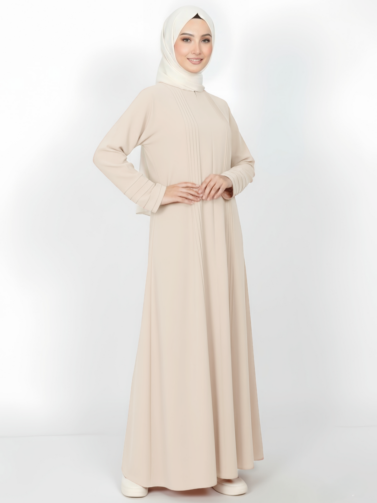 FUMIDAR Salma Pleated-Cuff Abaya in Apricot — view 2