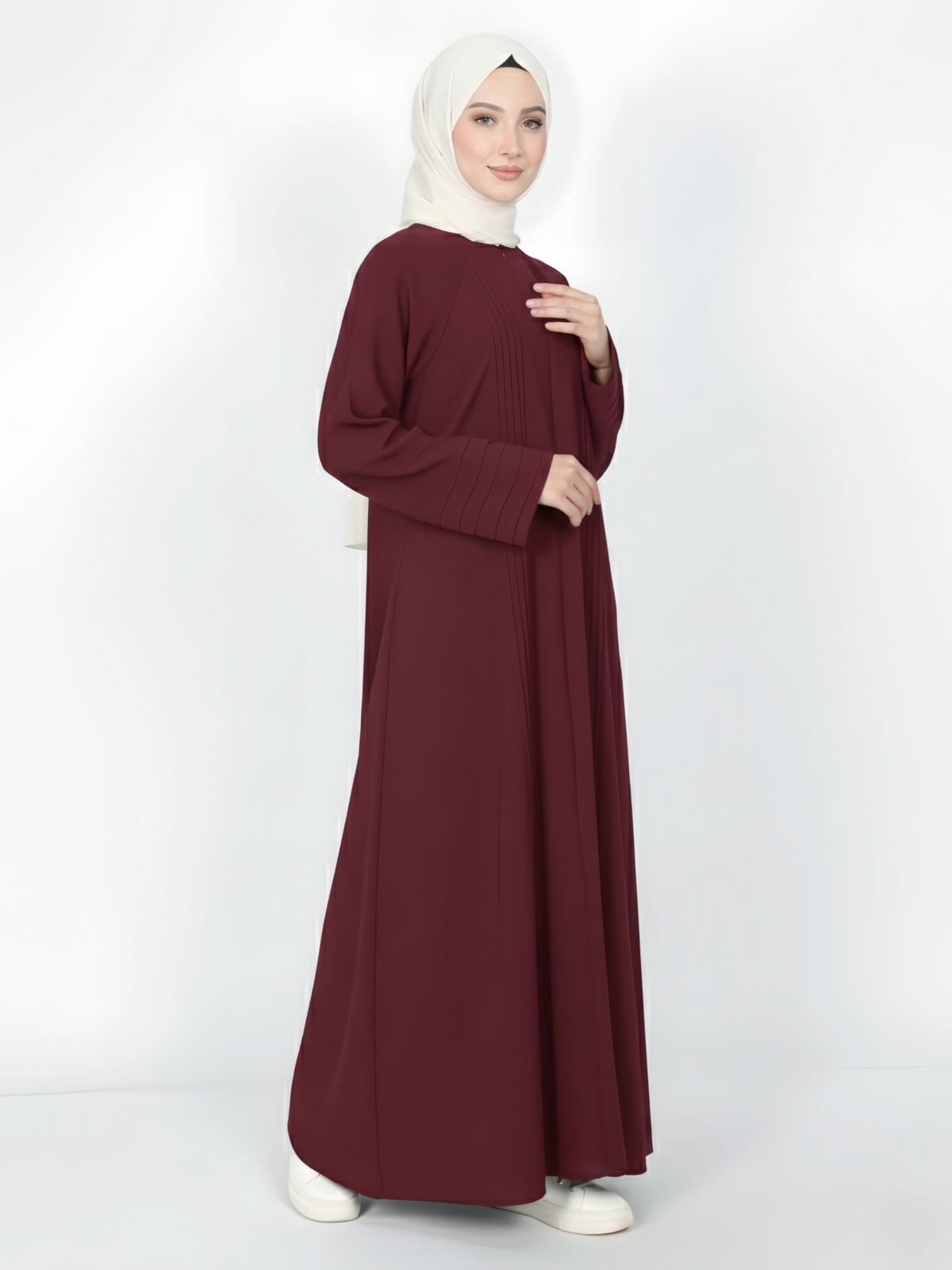 FUMIDAR Salma Pleated-Cuff Abaya in Burgundy — view 1