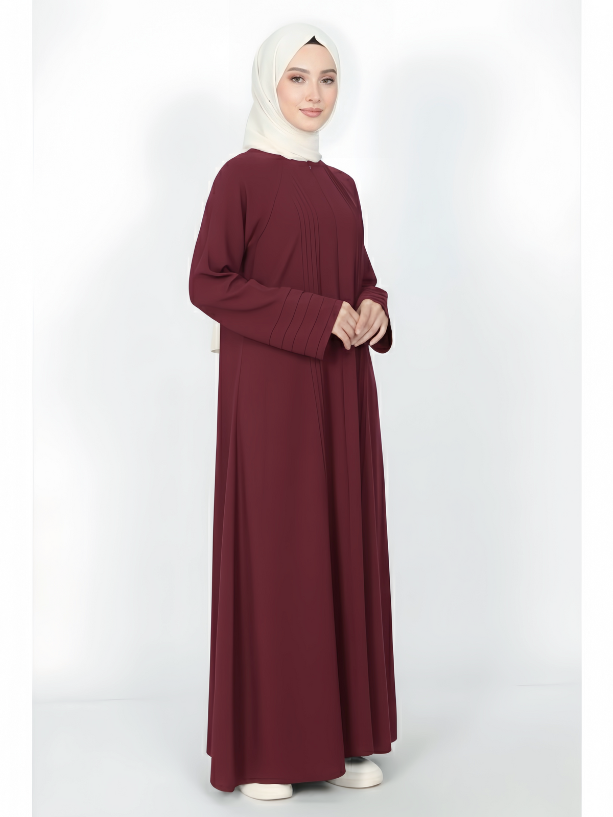 FUMIDAR Salma Pleated-Cuff Abaya in Burgundy — view 2