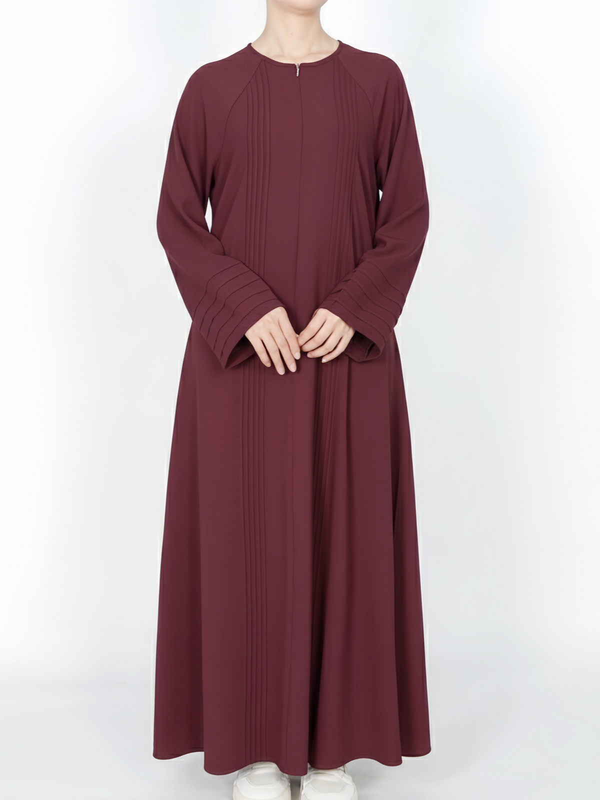 FUMIDAR Salma Pleated-Cuff Abaya in Burgundy — view 3