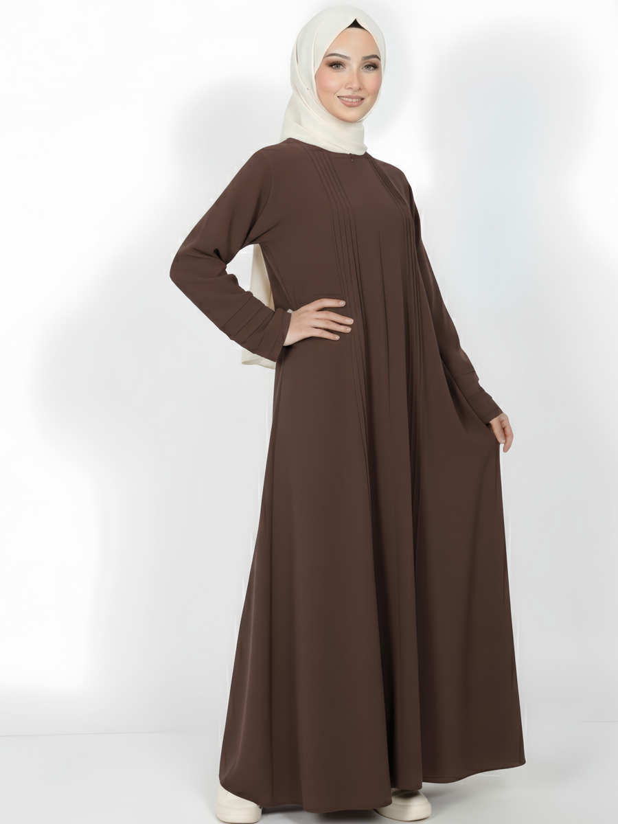FUMIDAR Salma Pleated-Cuff Abaya in Coffee Brown — view 1