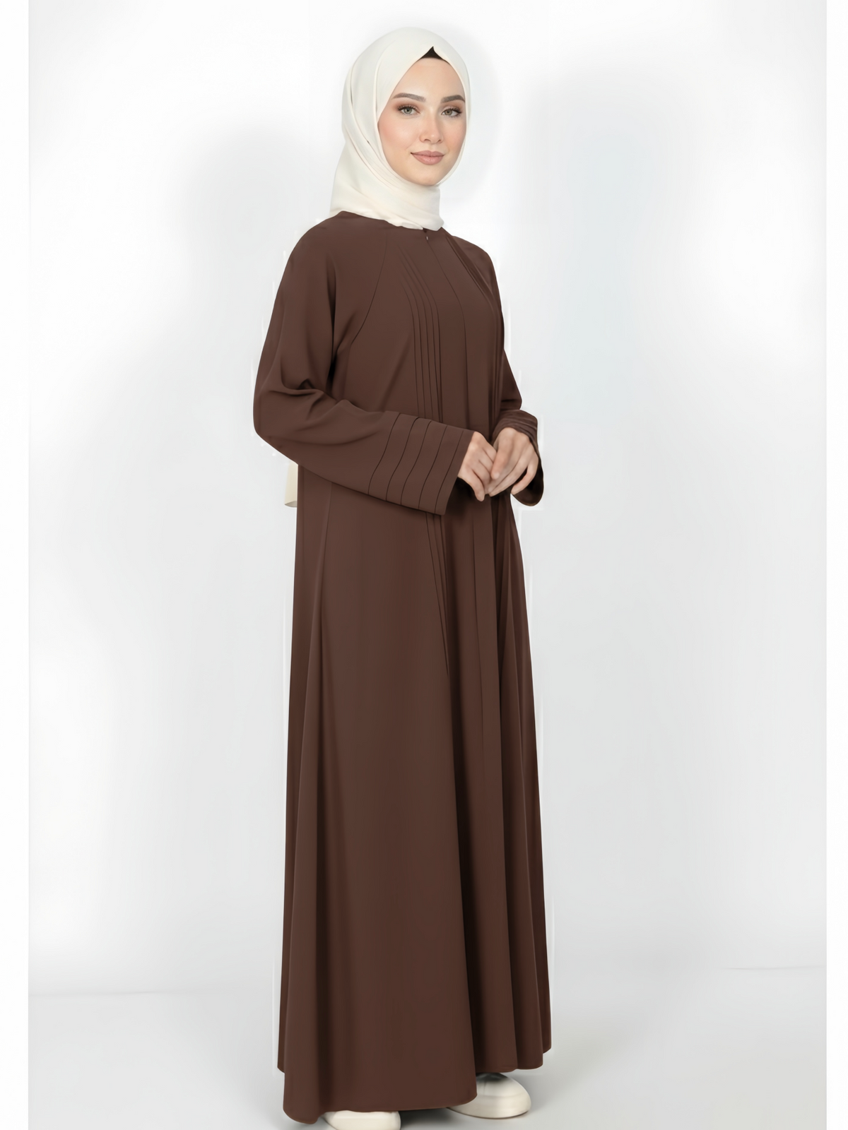FUMIDAR Salma Pleated-Cuff Abaya in Coffee Brown — view 2