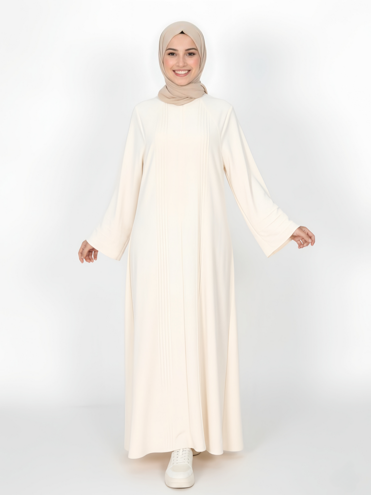 FUMIDAR Salma Pleated-Cuff Abaya in Ivory — view 2
