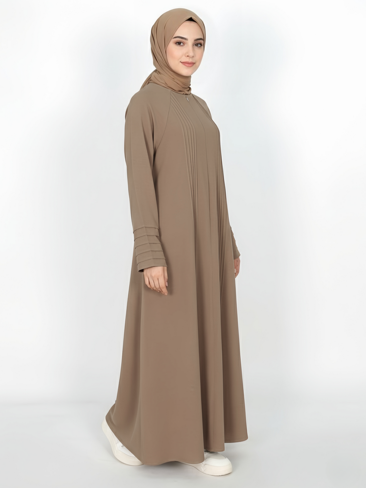 FUMIDAR Salma Pleated-Cuff Abaya in Khaki — view 1