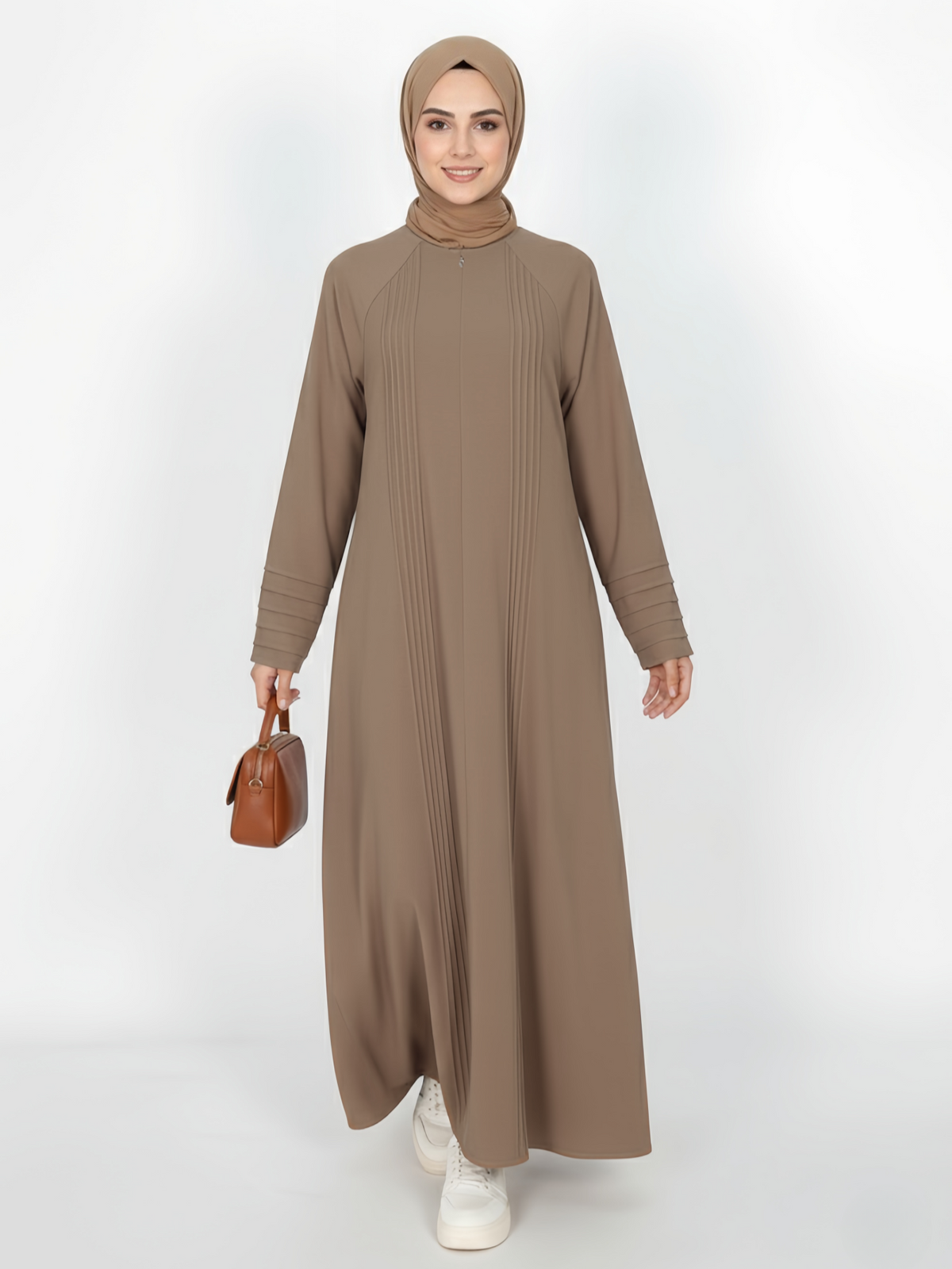 FUMIDAR Salma Pleated-Cuff Abaya in Khaki — view 2