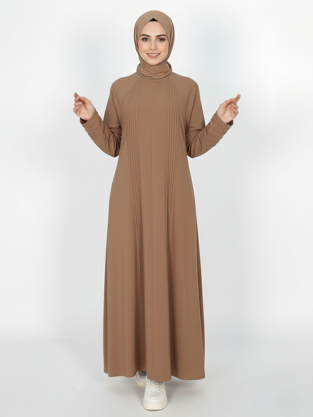 FUMIDAR Salma Pleated-Cuff Abaya in Khaki — view 5