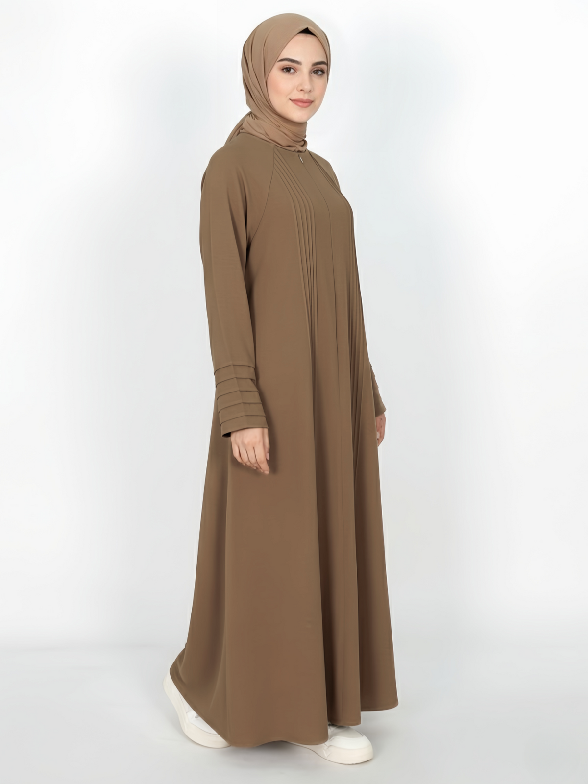FUMIDAR Salma Pleated-Cuff Abaya in Light Brown — view 1