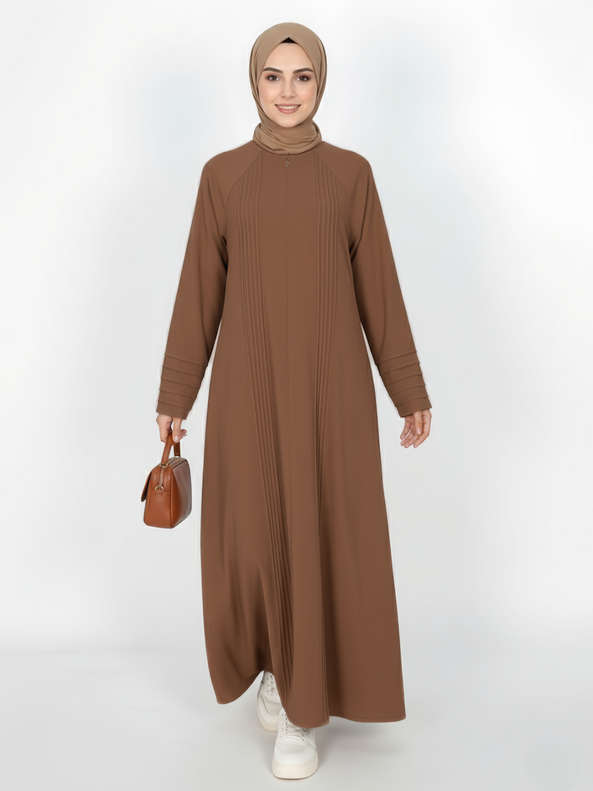 FUMIDAR Salma Pleated-Cuff Abaya in Light Brown — view 2