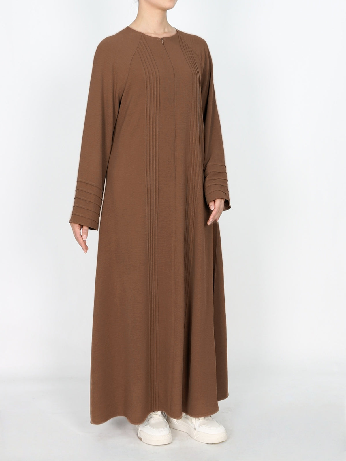 FUMIDAR Salma Pleated-Cuff Abaya in Light Brown — view 4