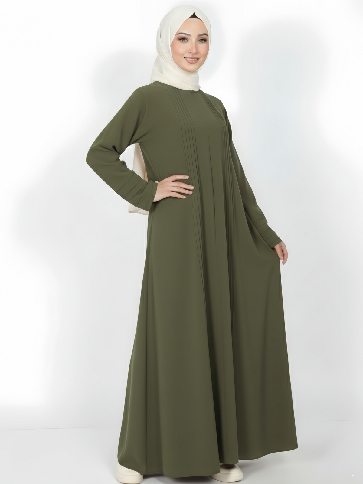 FUMIDAR Salma Pleated-Cuff Abaya in Olive Green — view 1
