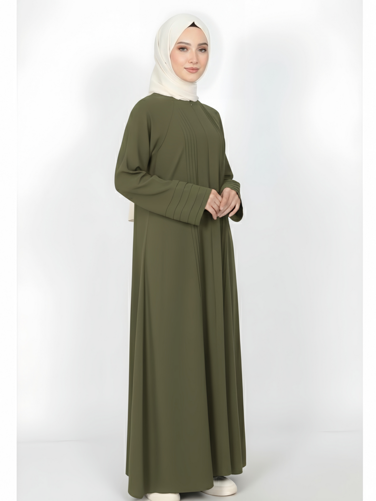 FUMIDAR Salma Pleated-Cuff Abaya in Olive Green — view 2