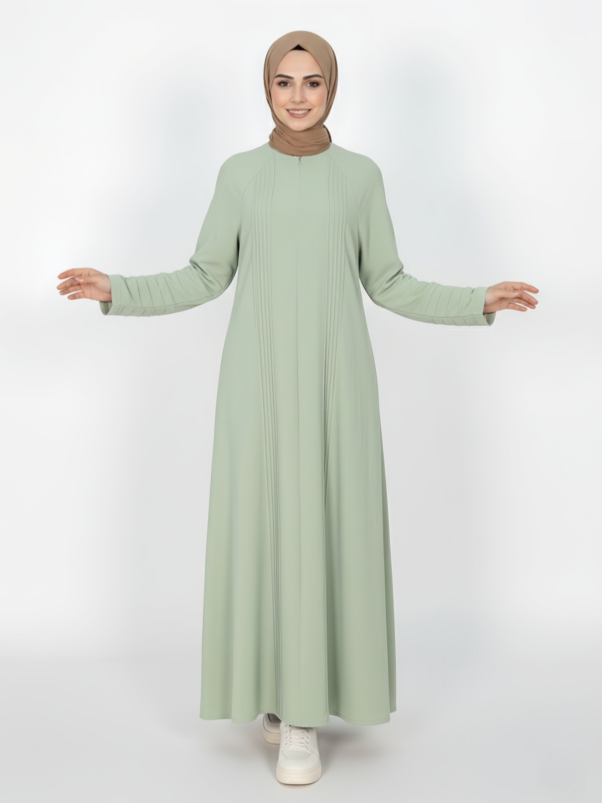 FUMIDAR Salma Pleated-Cuff Abaya in Sage Green — view 1