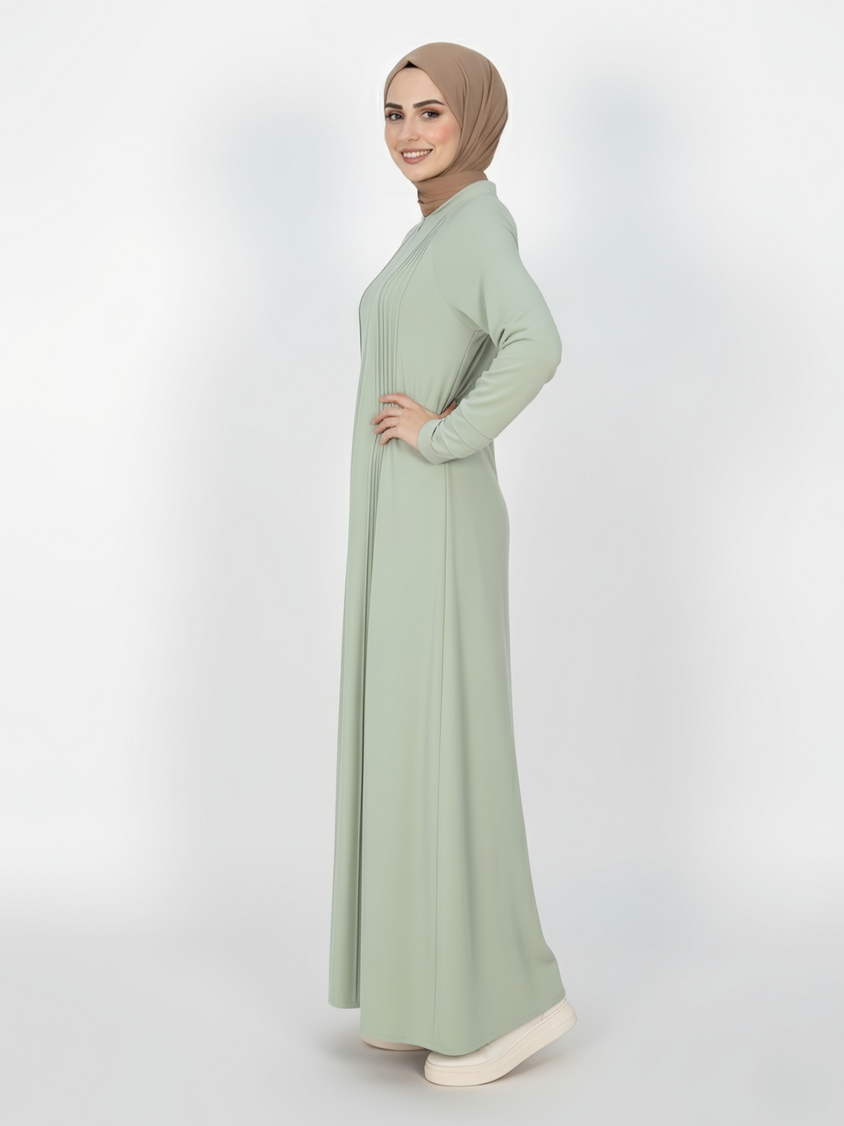 FUMIDAR Salma Pleated-Cuff Abaya in Sage Green — view 2