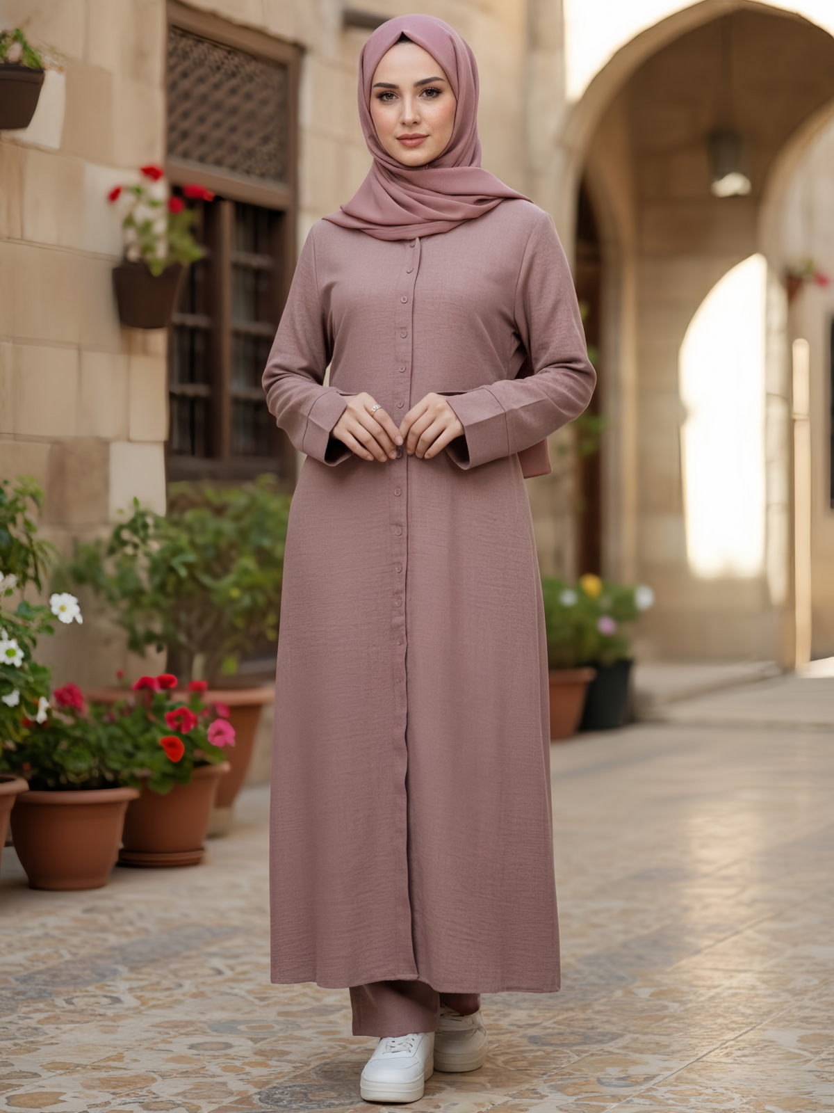 FUMIDAR Lina Tie-Waist Longline Abaya in Dusty Pink — view 1