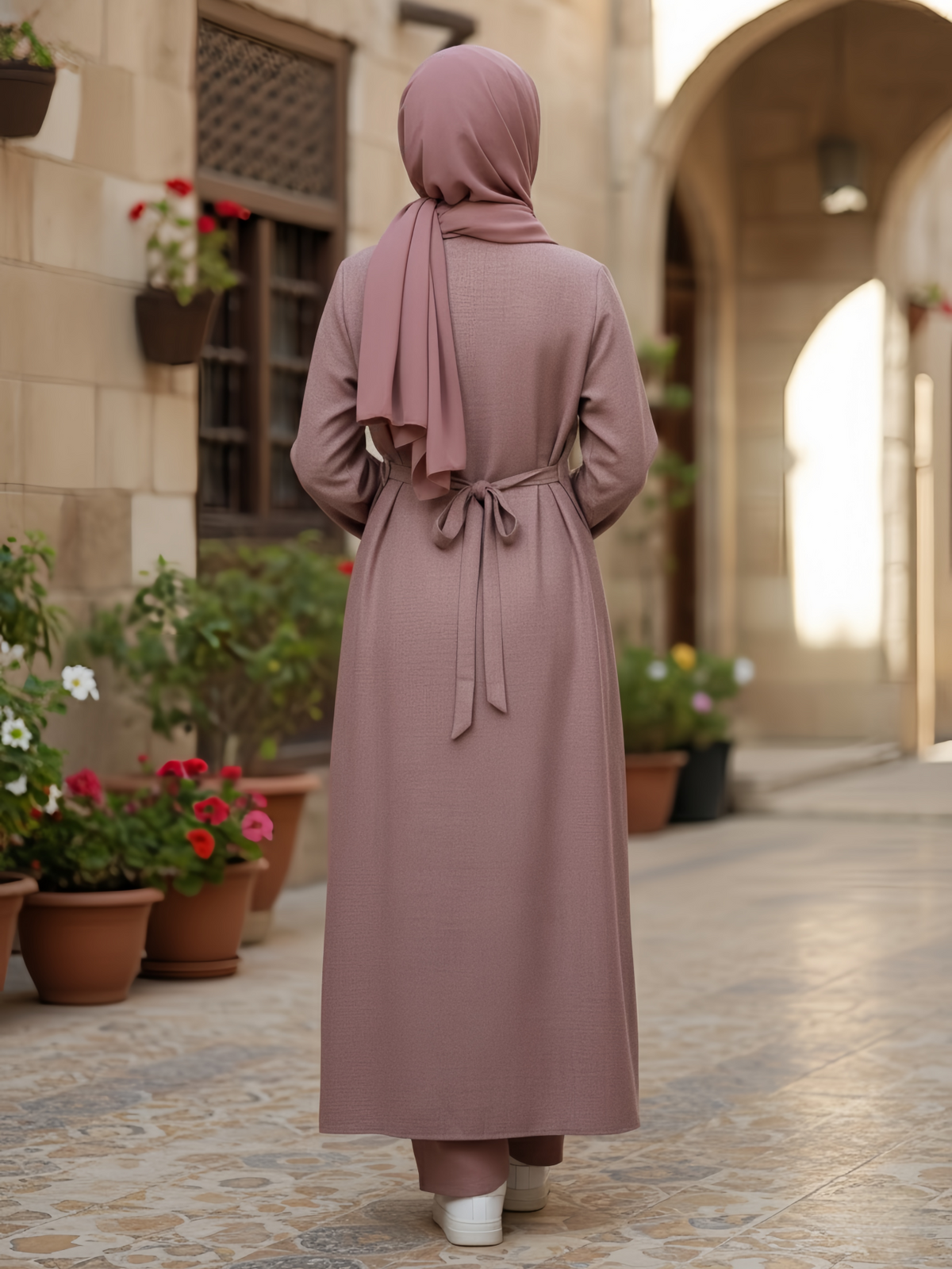 FUMIDAR Lina Tie-Waist Longline Abaya in Dusty Pink — view 2