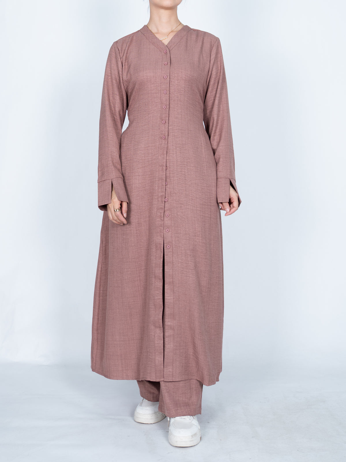 FUMIDAR Lina Tie-Waist Longline Abaya in Dusty Pink — view 3