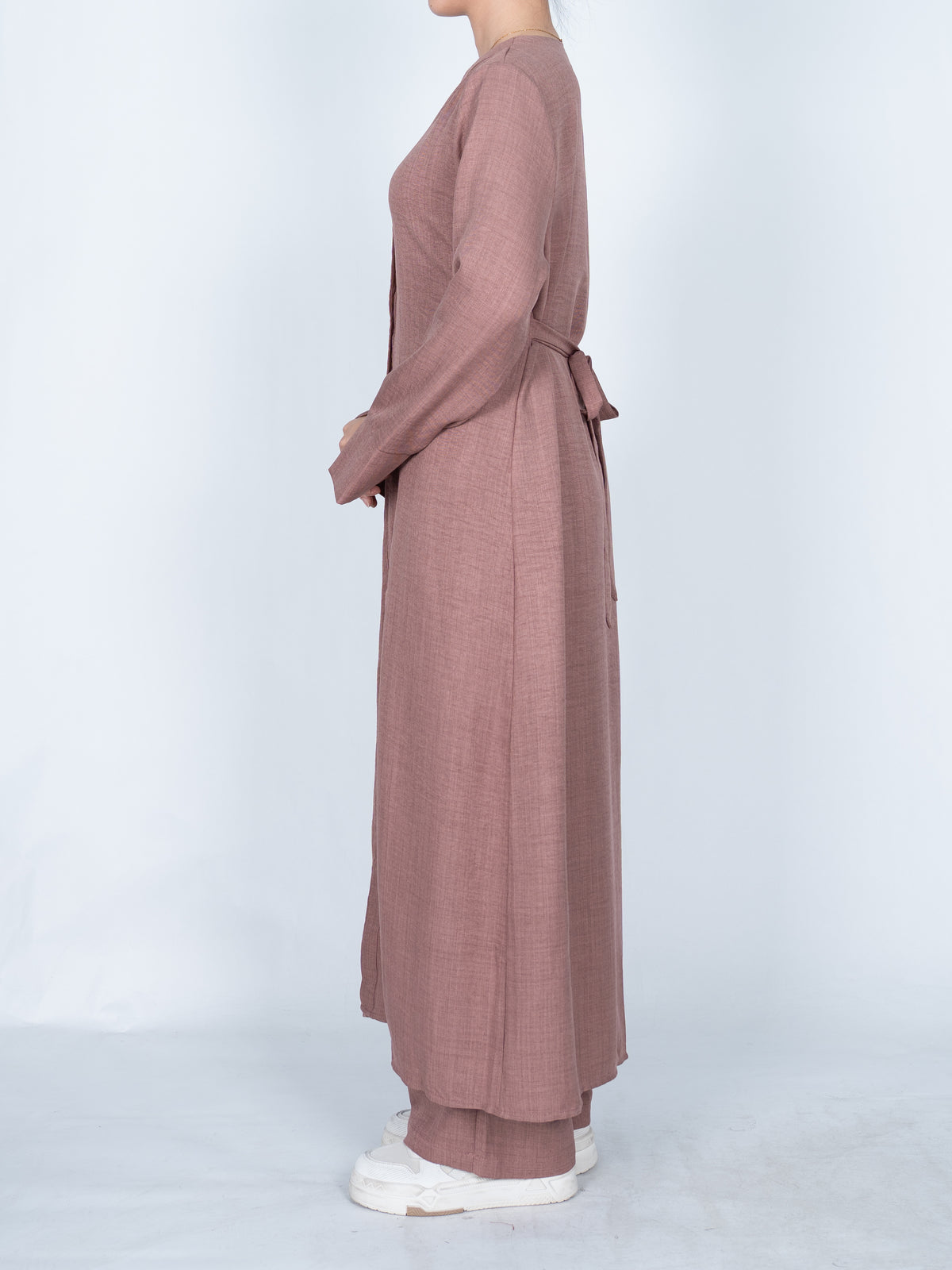 FUMIDAR Lina Tie-Waist Longline Abaya in Dusty Pink — view 4
