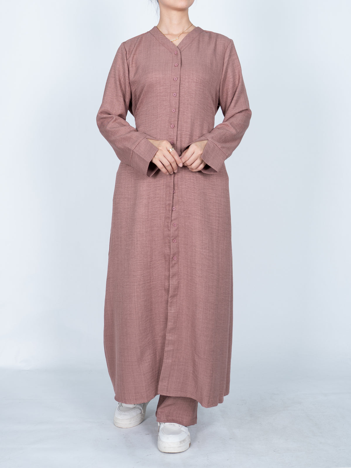 FUMIDAR Lina Tie-Waist Longline Abaya in Dusty Pink — view 5