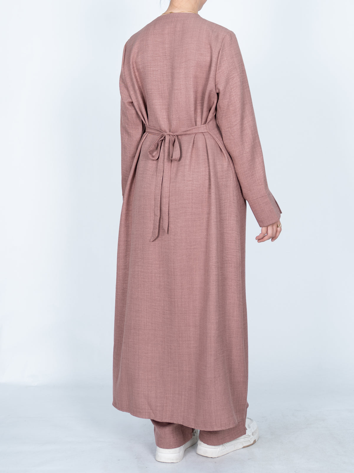 FUMIDAR Lina Tie-Waist Longline Abaya in Dusty Pink — view 6