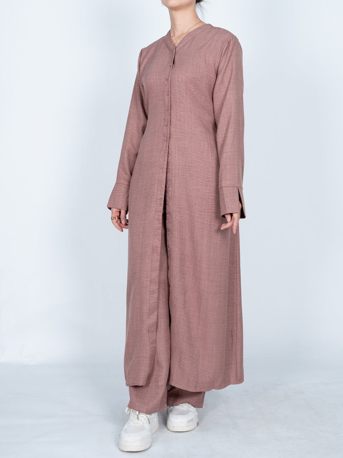 FUMIDAR Lina Tie-Waist Longline Abaya in Dusty Pink — view 7