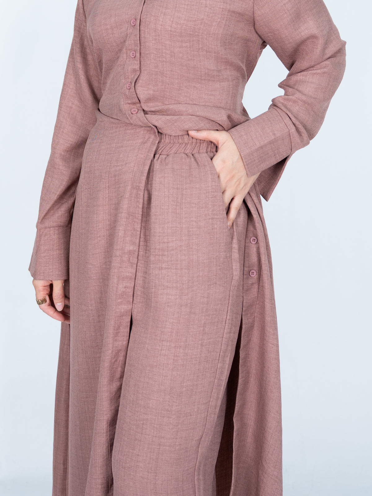 FUMIDAR Lina Tie-Waist Longline Abaya in Dusty Pink — view 9