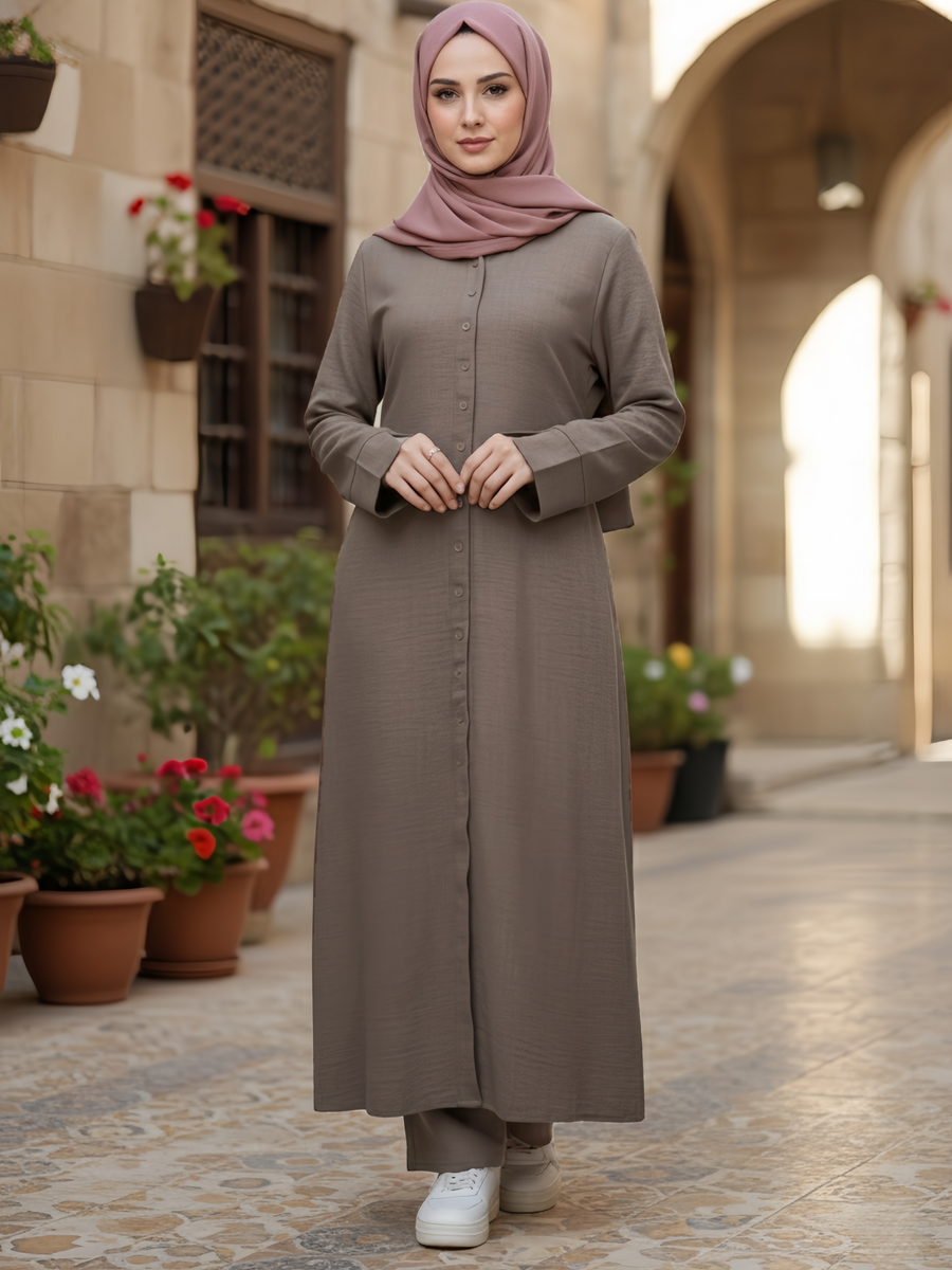 FUMIDAR Lina Tie-Waist Longline Abaya in Taupe — view 1