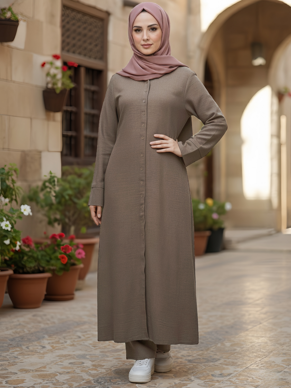 FUMIDAR Lina Tie-Waist Longline Abaya in Taupe — view 2