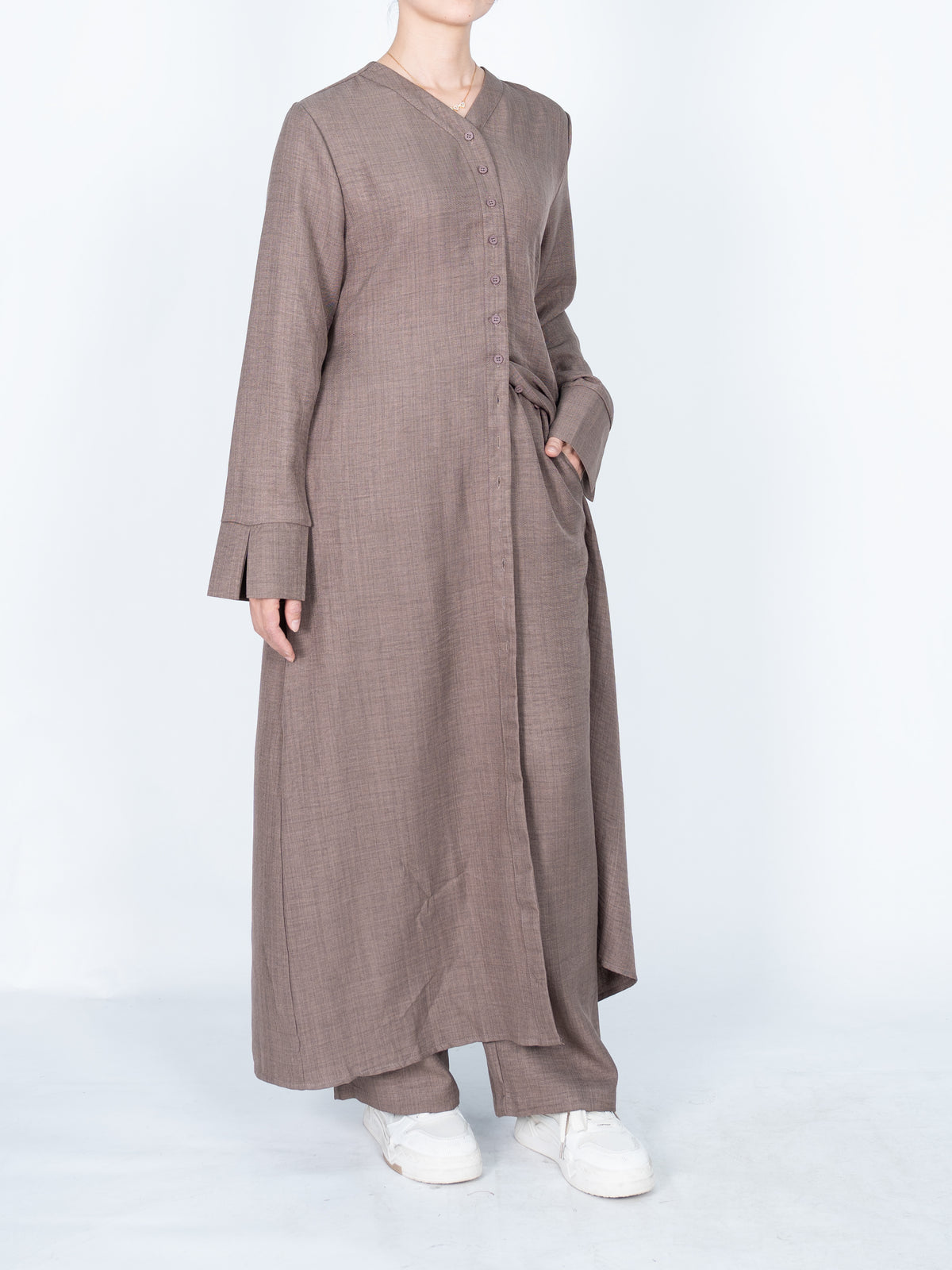 FUMIDAR Lina Tie-Waist Longline Abaya in Taupe — view 3