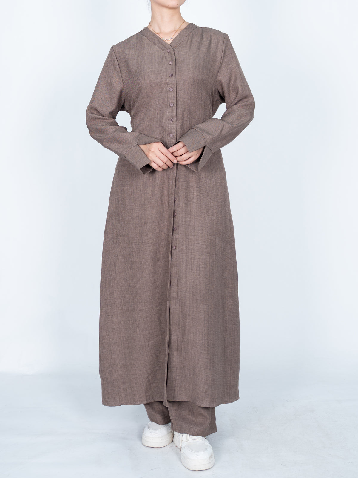 FUMIDAR Lina Tie-Waist Longline Abaya in Taupe — view 4