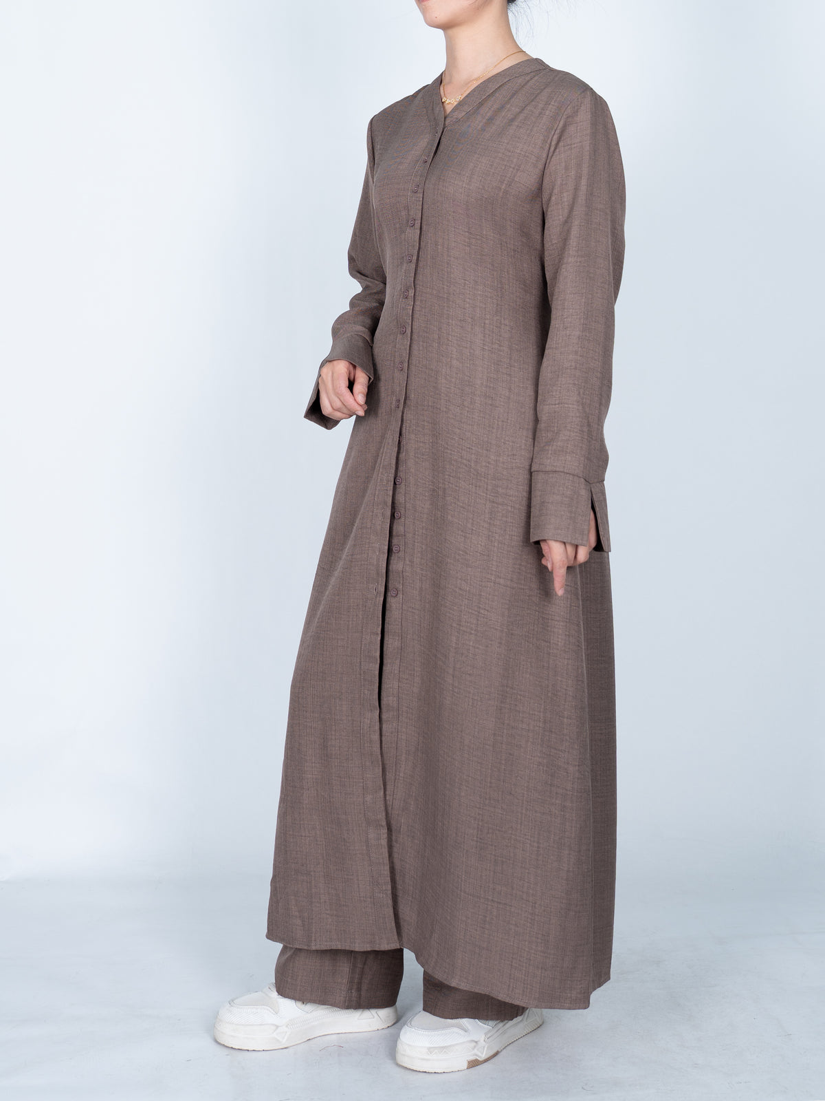 FUMIDAR Lina Tie-Waist Longline Abaya in Taupe — view 5