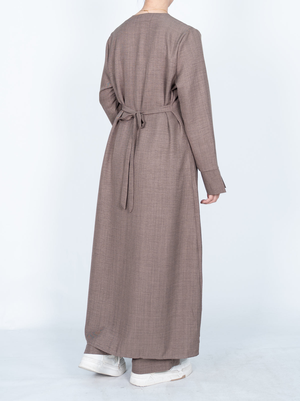 FUMIDAR Lina Tie-Waist Longline Abaya in Taupe — view 6