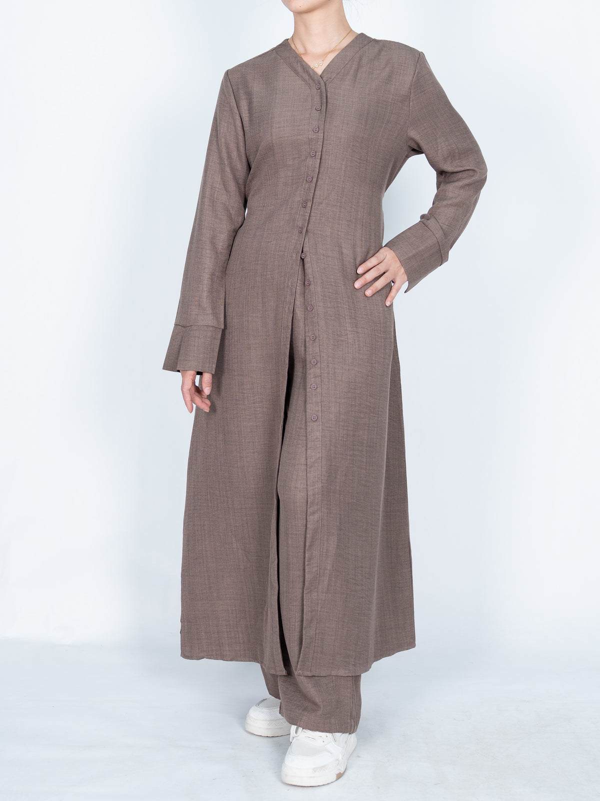 FUMIDAR Lina Tie-Waist Longline Abaya in Taupe — view 7