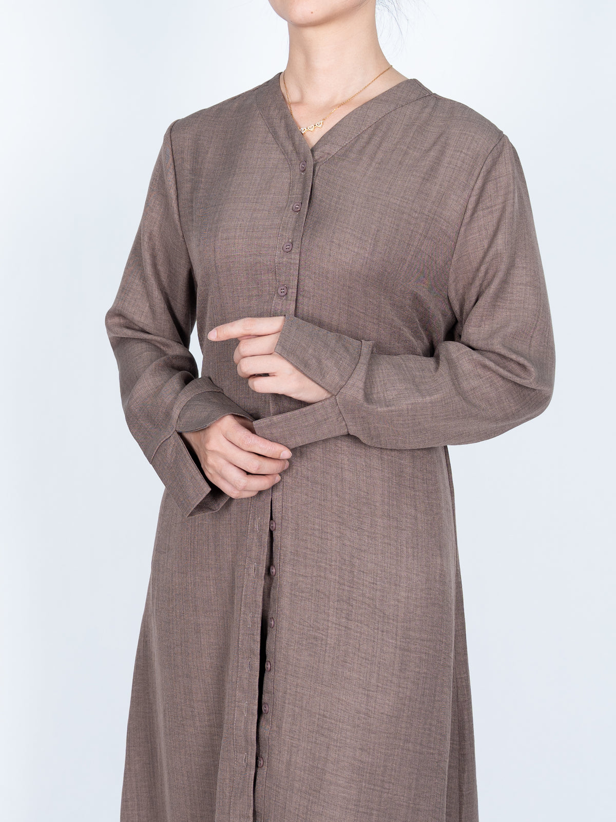 FUMIDAR Lina Tie-Waist Longline Abaya in Taupe — view 8