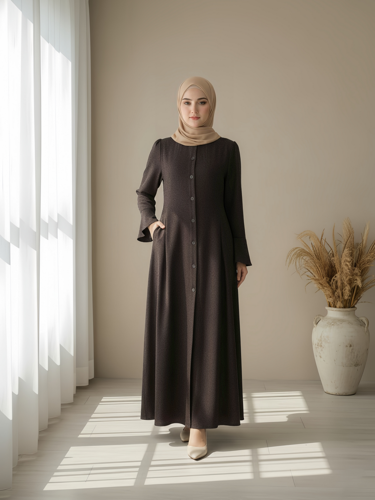 FUMIDAR Huda Button-Front Maxi Dress in Dark Brown — view 1