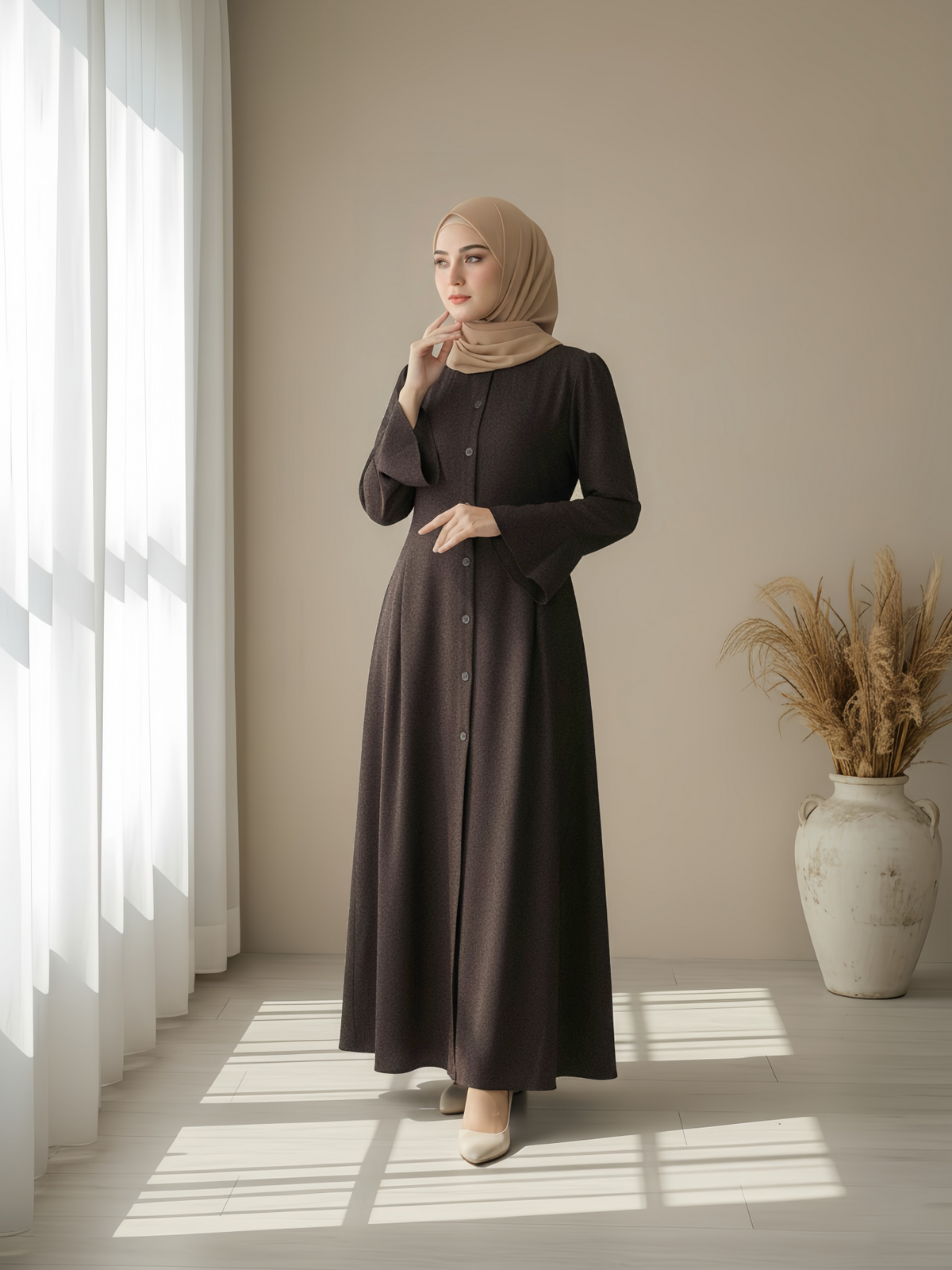 FUMIDAR Huda Button-Front Maxi Dress in Dark Brown — view 2