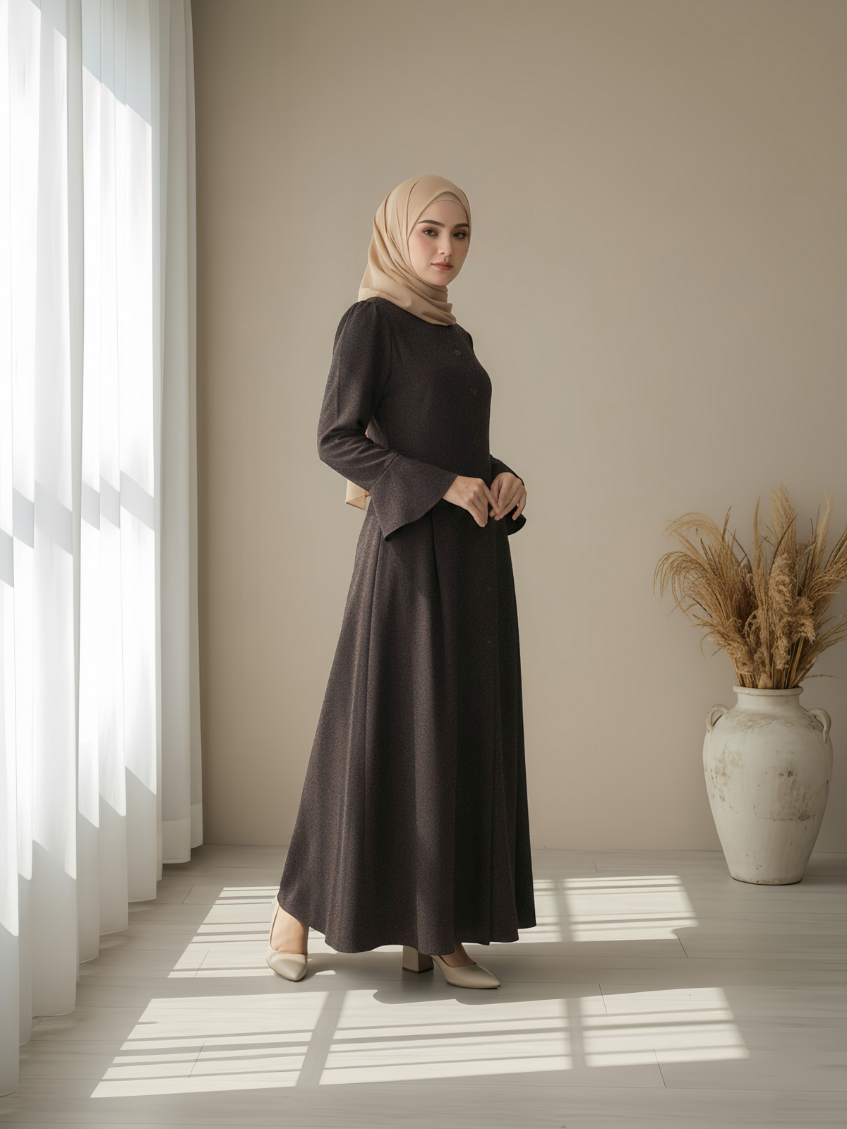 FUMIDAR Huda Button-Front Maxi Dress in Dark Brown — view 3