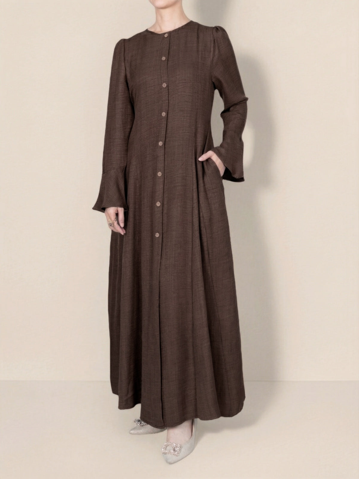 FUMIDAR Huda Button-Front Maxi Dress in Dark Brown — view 4