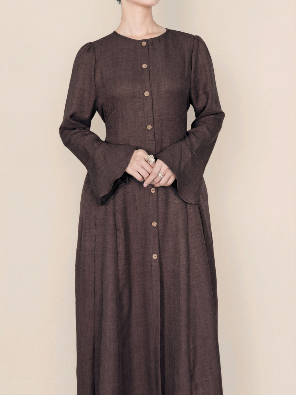 FUMIDAR Huda Button-Front Maxi Dress in Dark Brown — view 5