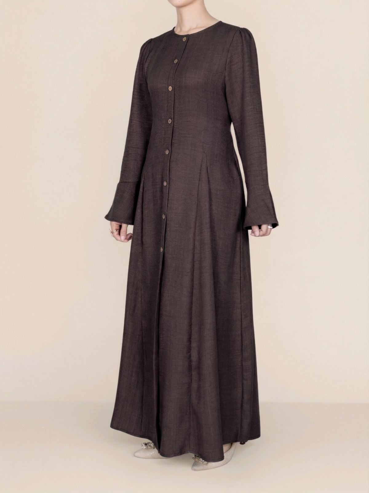 FUMIDAR Huda Button-Front Maxi Dress in Dark Brown — view 6
