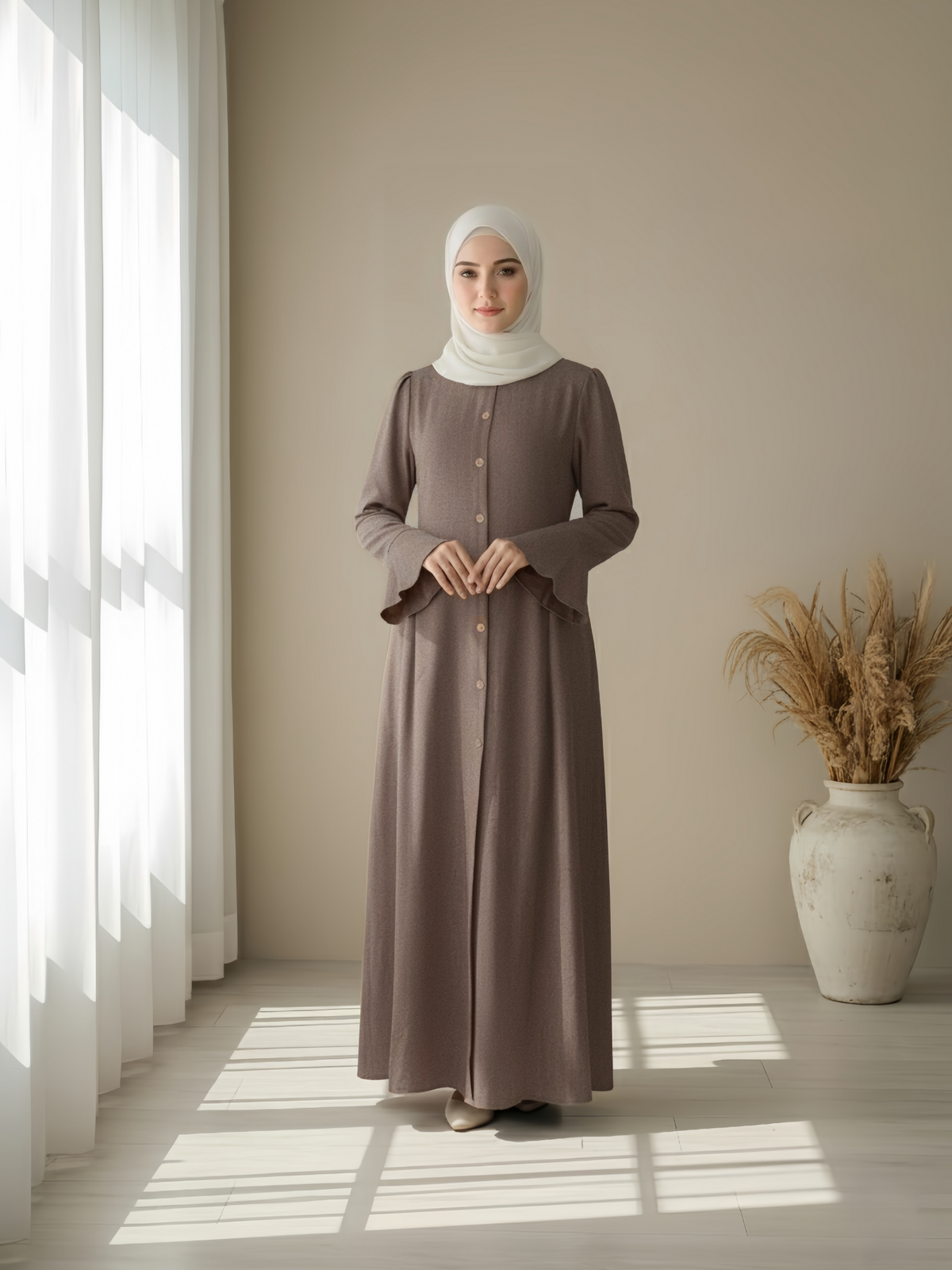 FUMIDAR Huda Button-Front Maxi Dress in Taupe — view 1